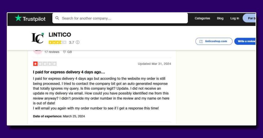Lintico Product Late Delivery Issue